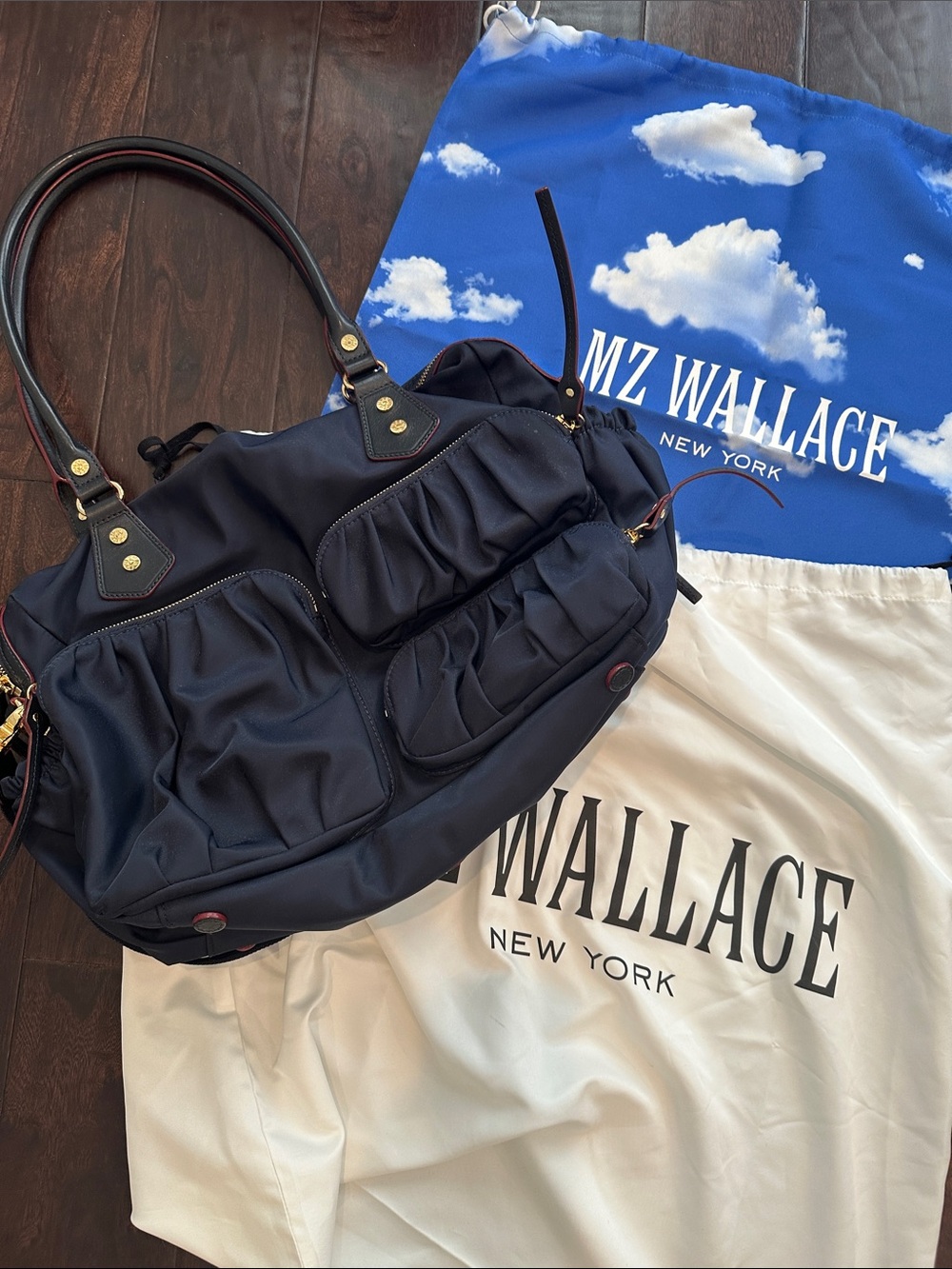 MZ Wallace Navy Nylon Ruffle Pocket Tote with Leather Trim